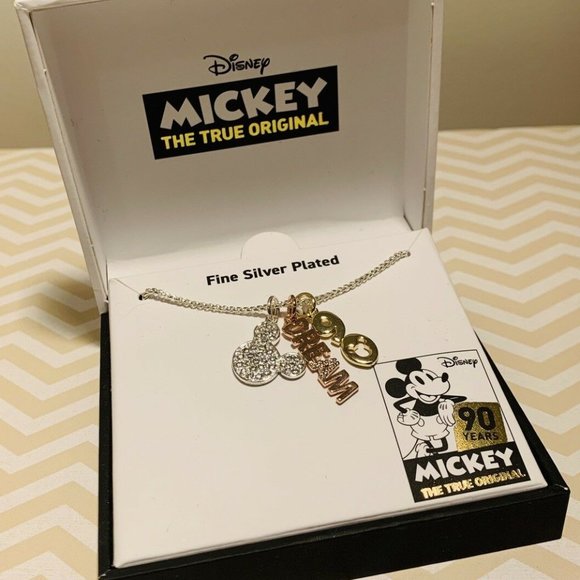 DISNEY MICKEY MOUSE 90 YR DREAM CHARMS SILVER PLATED/CLEAR CRYSTAL NECKLACE**NEW - Picture 3 of 4